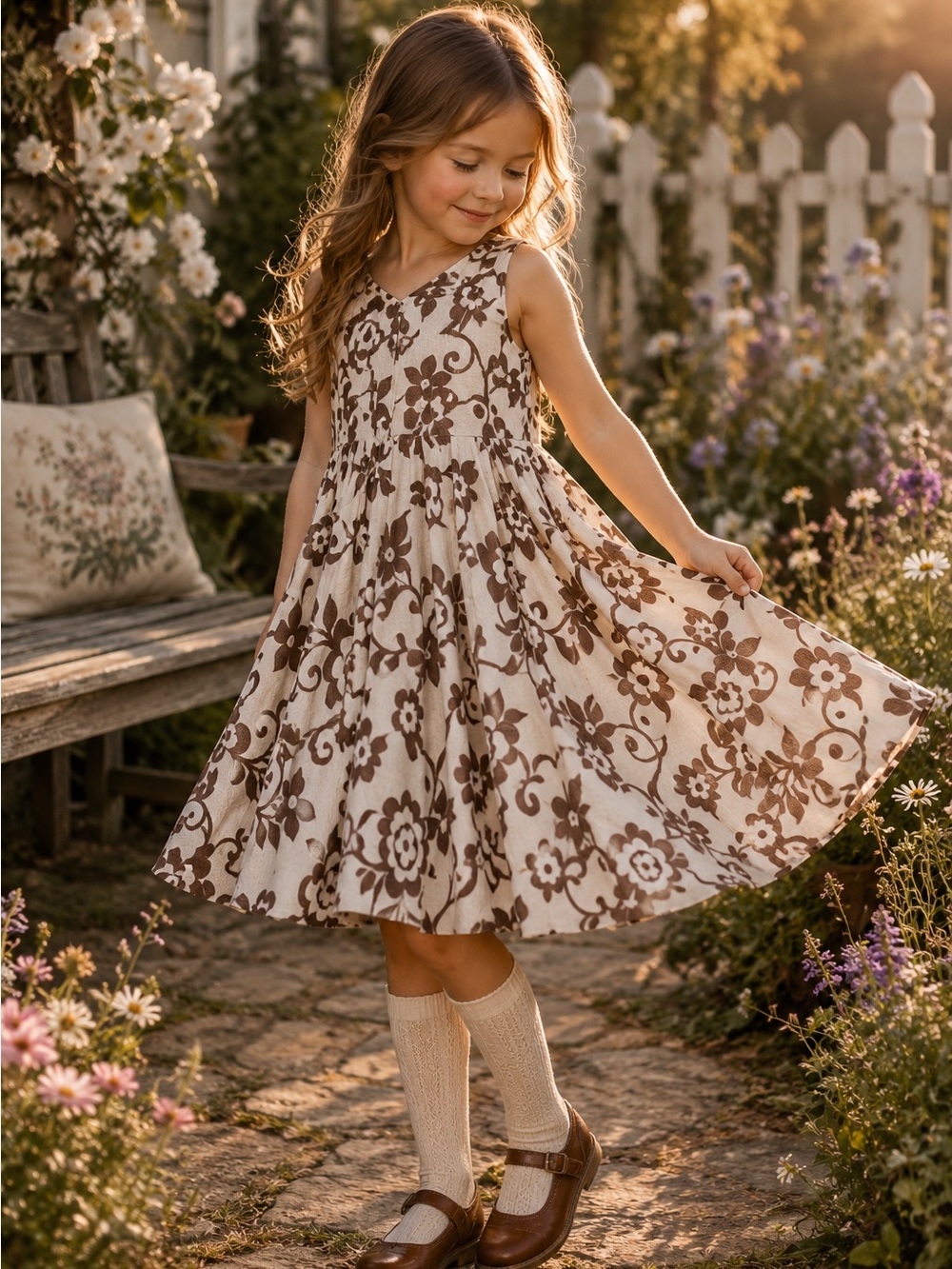 Mini Boden Girls Floral Sleeveless Dress Size 5-6Y Brown White Cream Cotton